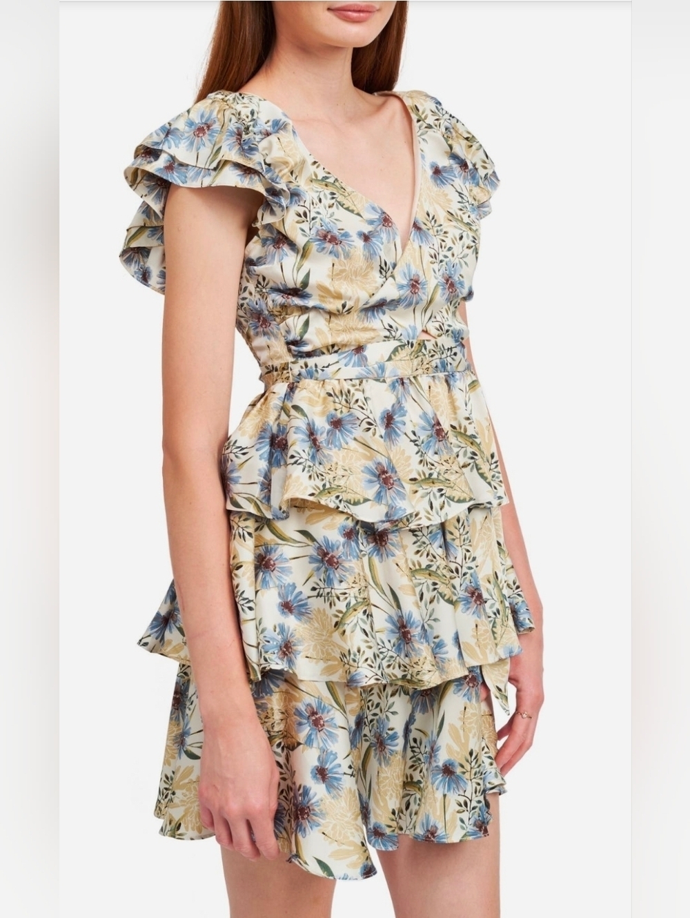 NWT! En Saison, Dahlia Floral Tiered Cap Sleeve Back Cutout Minidress, MSRP $162 - Picture 6 of 8
